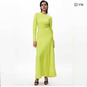 NWT ZARA Women's Lime Green Long Sleeve tie back Maxi Dress size Medium